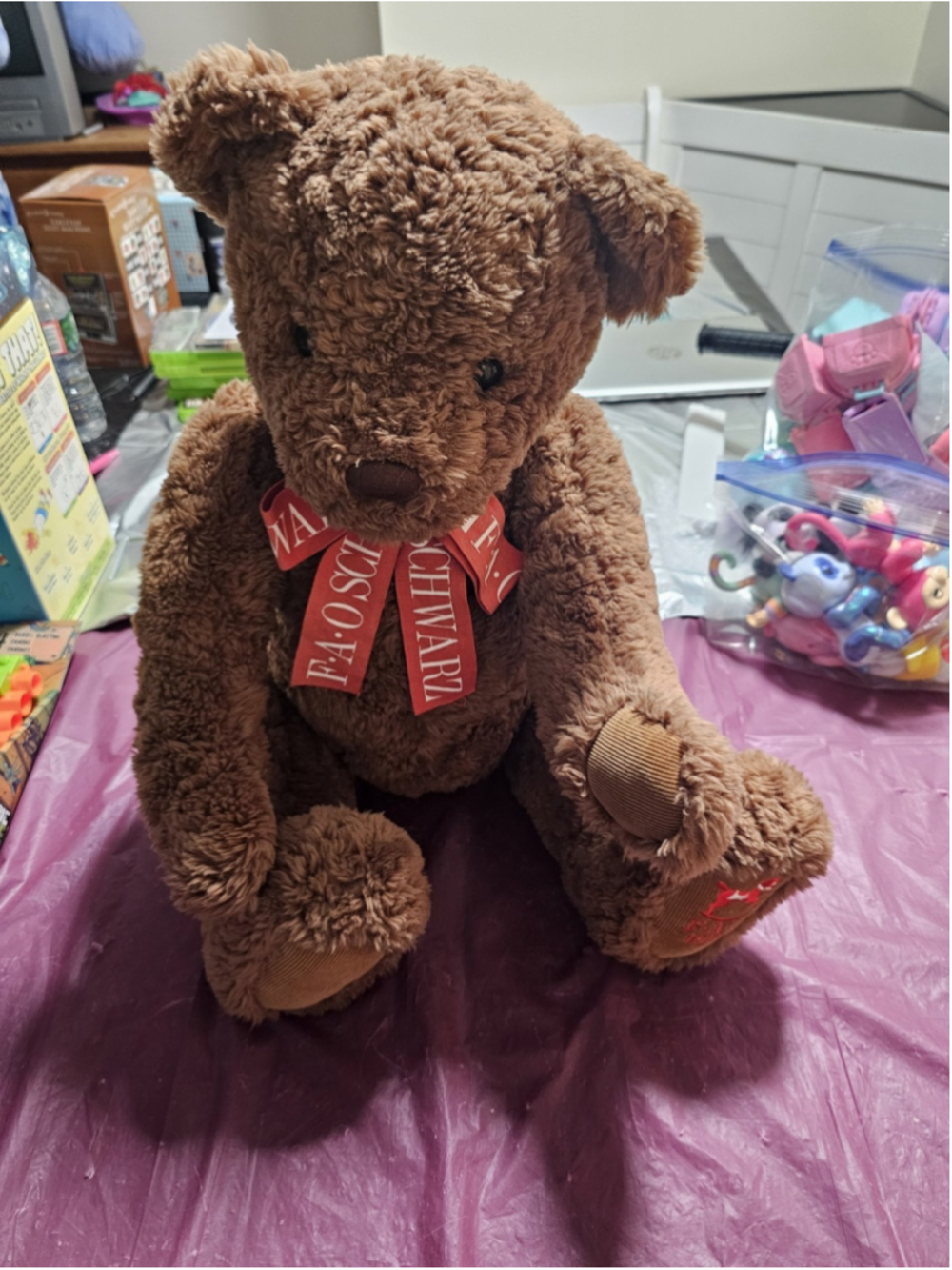 FAO Schwarz Classic Teddy Bear 16" Brown Plush Red Logo Ribbon Corduroy Feet
